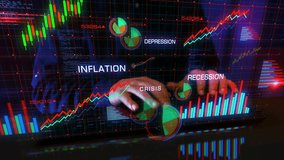 Inflation recession and depression crisis charts and graphs diagram with man typing computer keyboard. Digital analysis and report on 3d screen display. - Powered by Shutterstock - Get 15% off with code: PIKWIZARD15