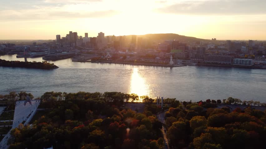Aerial view of Montreal City downtown skyline. Quebec, Canada. St. Lawrence River.