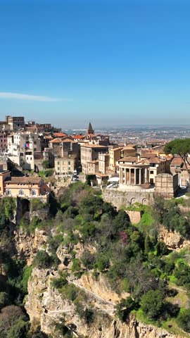 Tivoli, a city near Rome, famous for its waterfalls and Villa Adriana. Italy.
Aerial view of the village of Tivoli overlooking the valley where the Aniene River flows.