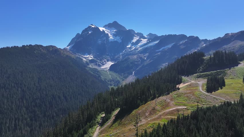 Aerial view of Mt. Baker Recreational Area - near Mt. Baker and Picture Lake - northern Washington Alpine forest on a sunny day in September 2024