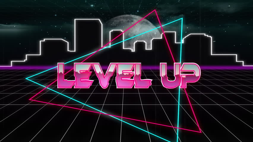 Level up text animation over neon geometric shapes and cityscape background. Gaming, futuristic, technology, digital, urban, typography