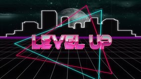 Level up text animation over neon geometric shapes and cityscape background. Gaming, futuristic, technology, digital, urban, typography - Powered by Shutterstock - Get 15% off with code: PIKWIZARD15