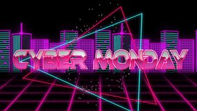 Cyber Monday text animation over neon cityscape with grid lines and geometric shapes. Sale, discount, promotion, digital, futuristic, technology - Powered by Shutterstock - Get 15% off with code: PIKWIZARD15