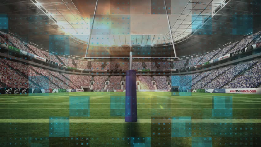 Football stadium with goalpost and crowd, data processing animation over scene. Sports, soccer, technology, data analysis, fans, match - Powered by Shutterstock - Get 15% off with code: PIKWIZARD15