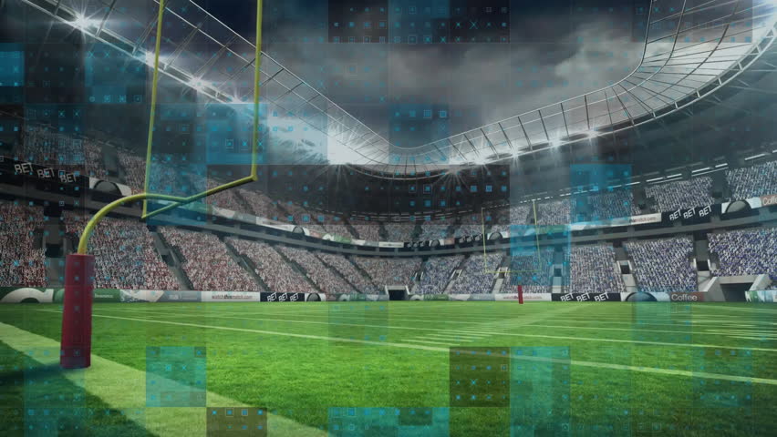 Digital data processing animation over football stadium with crowd. Technology, analytics, sports, entertainment, audience, event - Powered by Shutterstock - Get 15% off with code: PIKWIZARD15