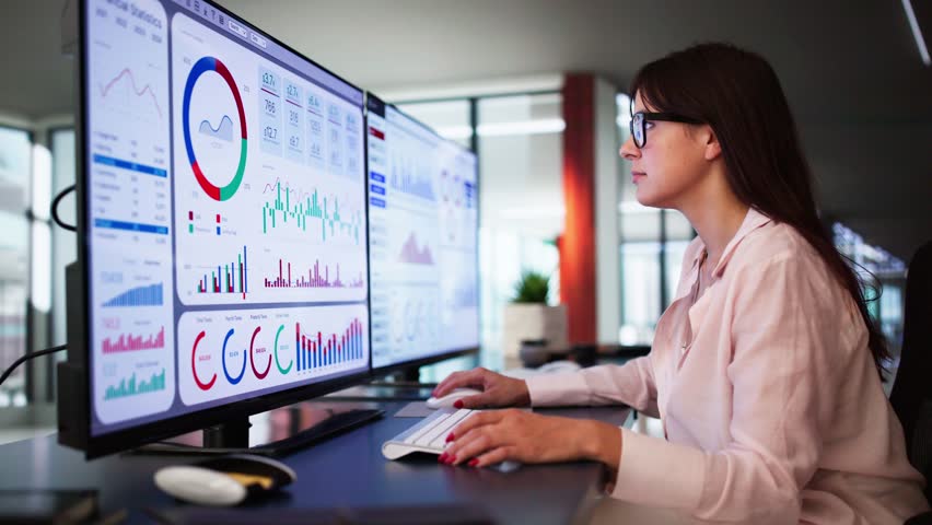Analyst Woman Looking At Business Data Analytics Dashboard