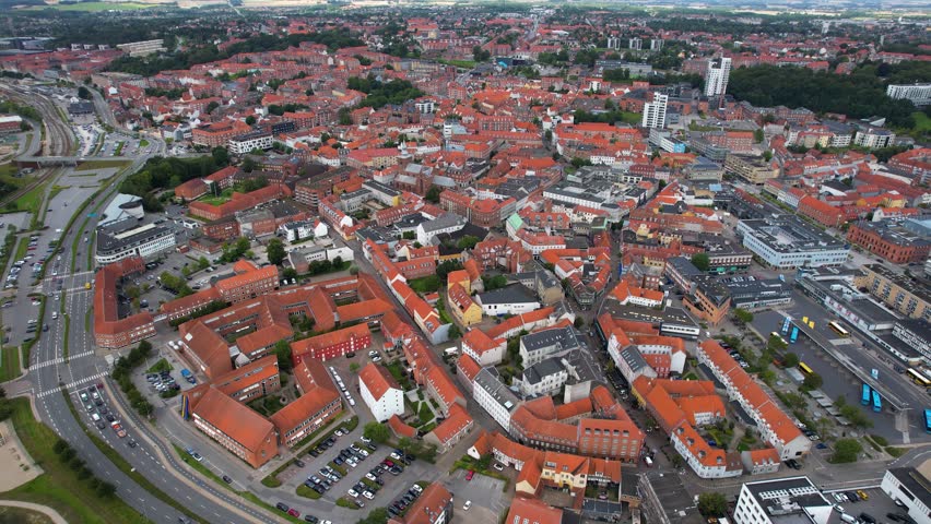 Aerial of the city and old  town of Aarhus in Denmark on a sunny summer day