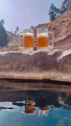 Beautiful, aesthetic video with a view from the hot springs to the mountain