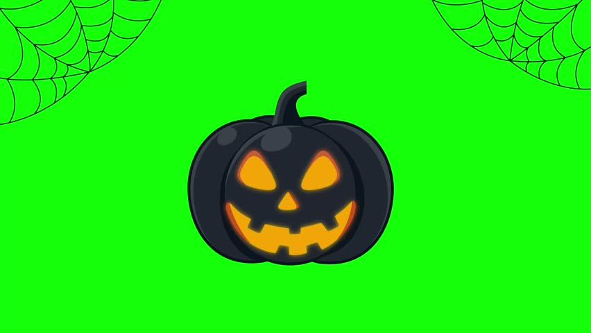 Halloween animation with glowing jack-o-lantern, spider webs, and spiders on green screen background. 4K video