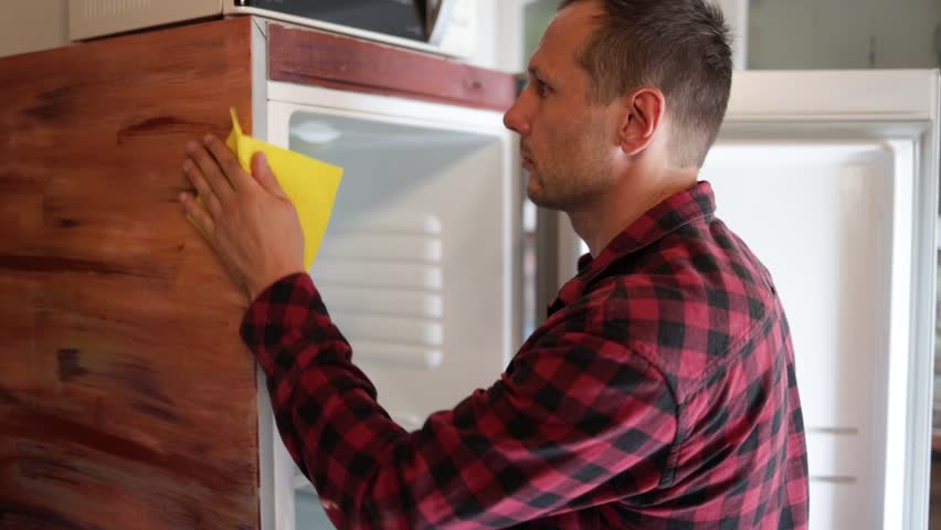 Man cleaning the inside of the fridge. Clean home, personal protective equipment, antibacterial cleaning.