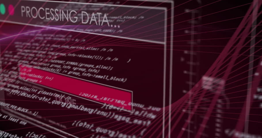 Animation of digital data processing over screen. Global connections, computing and data processing concept digitally generated video.