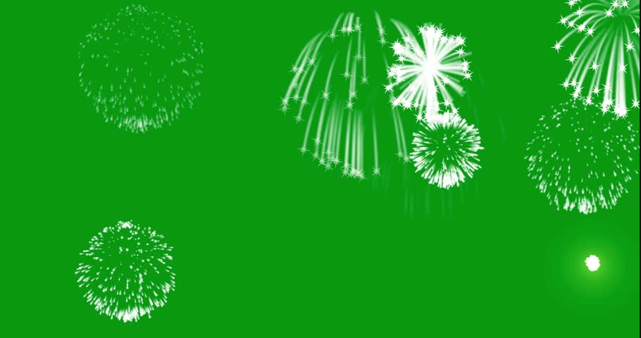 4K loop seamless of real white fireworks on a green background. an abstract of white shining fireworks with bokeh lights on chroma key. glowing fireworks show. New Year's Eve fireworks celebration