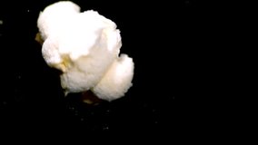 A maize or corn popping and exploding by releasing oils to a popcorn in slow motion on a black background. It flies in the air slowly and turns revealing good shadows on the popcorn in 4K resolution. - Powered by Shutterstock - Get 15% off with code: PIKWIZARD15