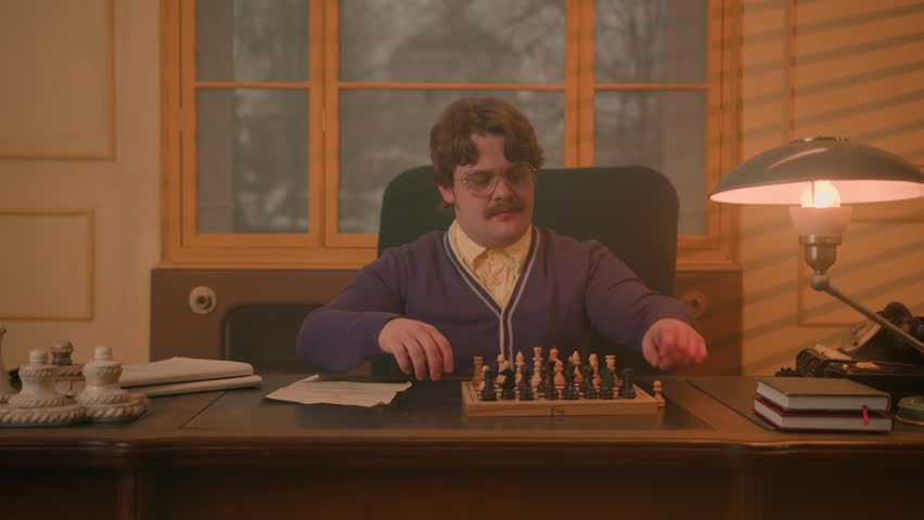 mustachioed man in a retro office sits at a large table and arranges chess pieces on the board. Vintage style of a company boss or a newspaper editorial office, a break from work.