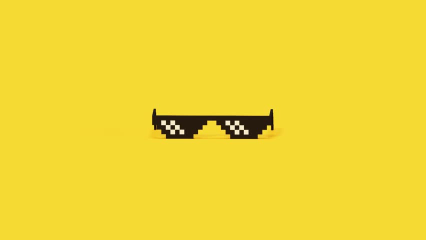 Thug life meme glasses pixel art modern iconic 3d object. 360 degree view of pixel art glasses, 3D minimalistic object on yellow background. Useful for memes video projects, clip and invert rotation