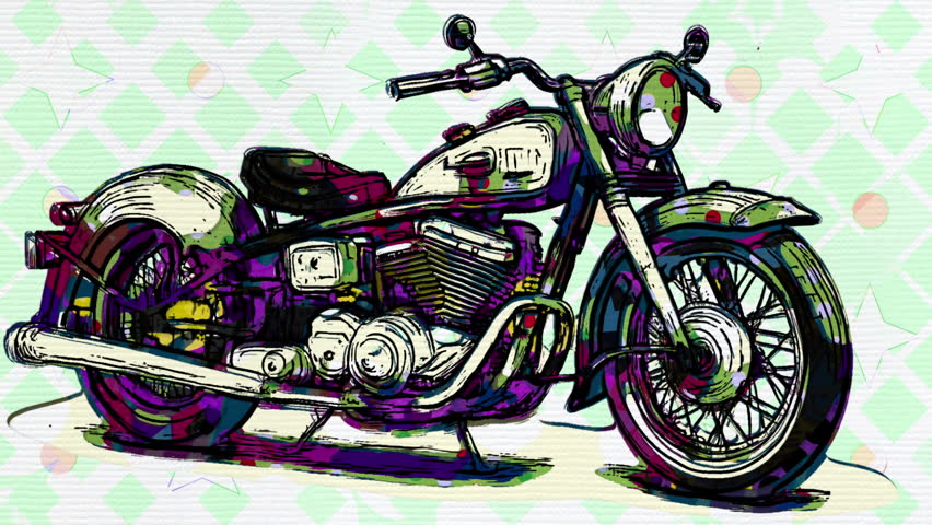 Colorful retro motorcycle artwork displayed against a vibrant patterned background hand draw animation