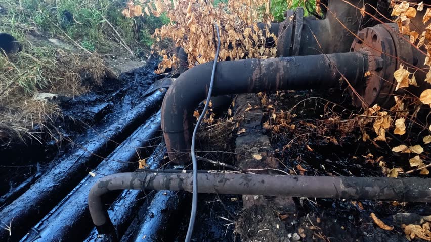 Oil pipes and valves of old rusty tank filled with oil leak and pollute the soil. Environmental protection issues 