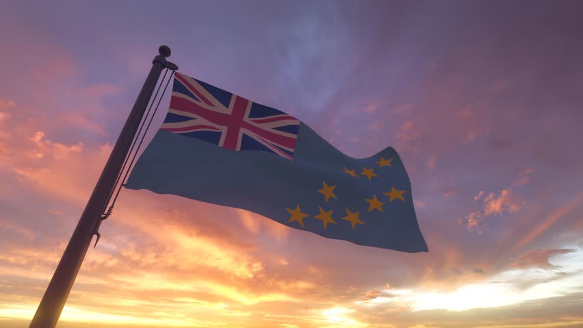 Tuvalu Flag on a Pole with Sunset Sky Evening Sunrise Background 3D Render