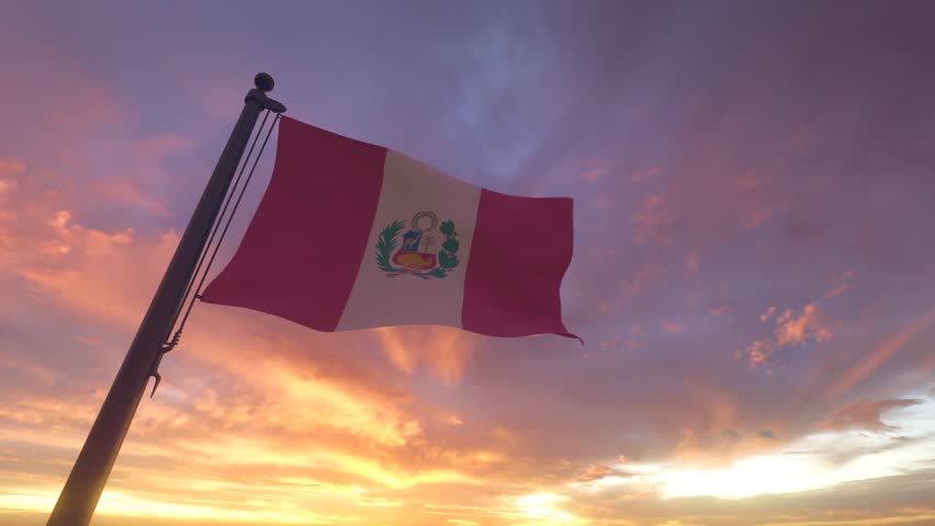 Peru Flag on a Pole with Sunset Sky Evening Sunrise Background 3D Render