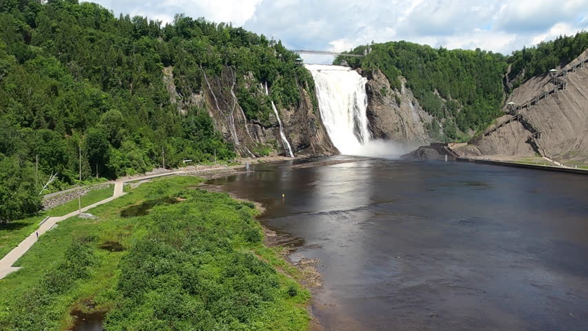 Waterfall Landscape, Chute Montmorency In Quebec Canada, Wide Panoramic View