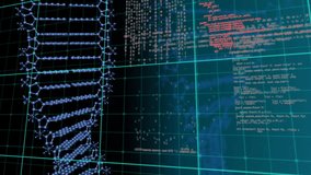 DNA strand and coding data processing animation over grid background. Genetics, biotechnology, science, technology, digital, research - Powered by Shutterstock - Get 15% off with code: PIKWIZARD15
