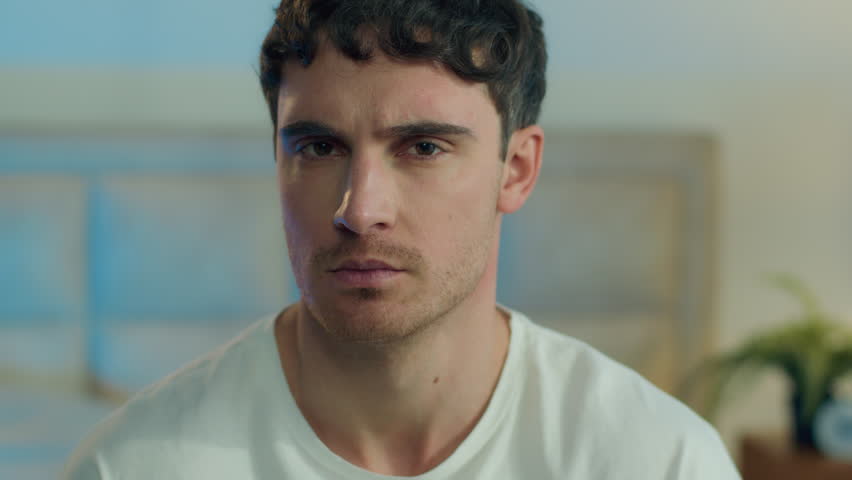 Close up caucasian man serious male guy disagree deny forbid shake head refuse negative no frown confident answering disapproval expression displeased distance prohibition sign rejection wrong bedroom