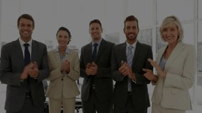 Business professionals clapping with global network connections animation over them. teamwork, celebration, success, corporate, collaboration - Powered by Shutterstock - Get 15% off with code: PIKWIZARD15