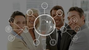 Shaking hands, diverse business people with business icons and network connections animation. Collaboration, partnership, networking, teamwork, technology, agreement - Powered by Shutterstock - Get 15% off with code: PIKWIZARD15