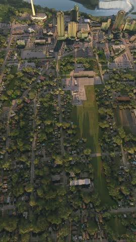 3D - Overhead Sunset Aerial Shot of Niagara Falls  Skylon Tower; Ontario. Canada