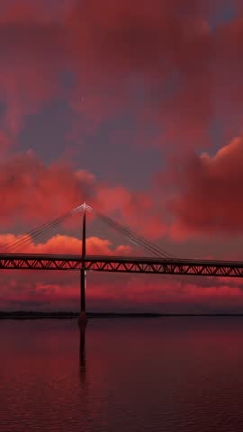 3D - Side Aerial Sunrise View of Deh Cho Bridge Northwest Territories. Canada