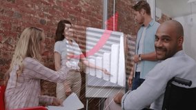 Business meeting with diverse team discussing over bar graph animation. teamwork, office, brainstorming, analytics, diversity, collaboration - Powered by Shutterstock - Get 15% off with code: PIKWIZARD15