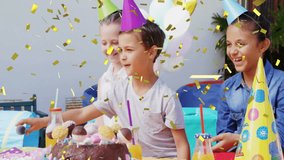Celebrating birthday party, children smiling with confetti animation. celebration, kids, happiness, joy, fun, festive - Powered by Shutterstock - Get 15% off with code: PIKWIZARD15