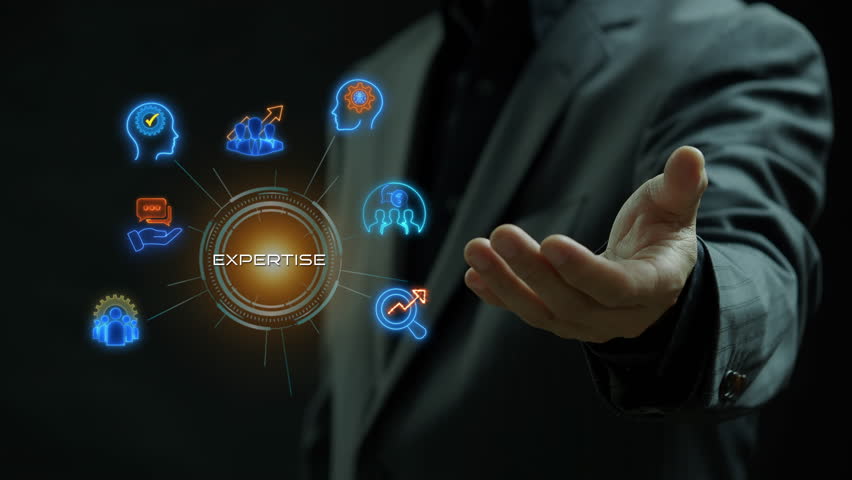 Expertise concept for representing knowledge with icon of expert, consulting, knowledge, team, advice, trust and research. Businessman showing expertise banner icons on virtual screen.