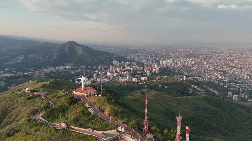 Drone footage of Cristo Rey in Cali, Colombia