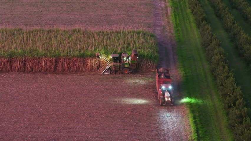 night sugar cane harvest harvesting, tractor harvester with lights on field, aerial drone, agriculture agricultural farm farming work, Queensland Australia