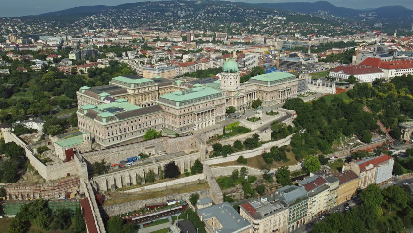 Aerial view of Buda Castle Hill and the Danube river, Budapest, Hungary, 4k
