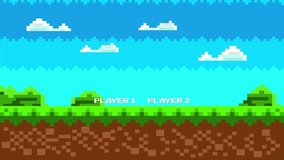 Level Up. Players. Pixel Game Background Natural Landscape with Blue Sky, Trees and Green Grass Pixel 8-Bit Video Game - Powered by Shutterstock - Get 15% off with code: PIKWIZARD15