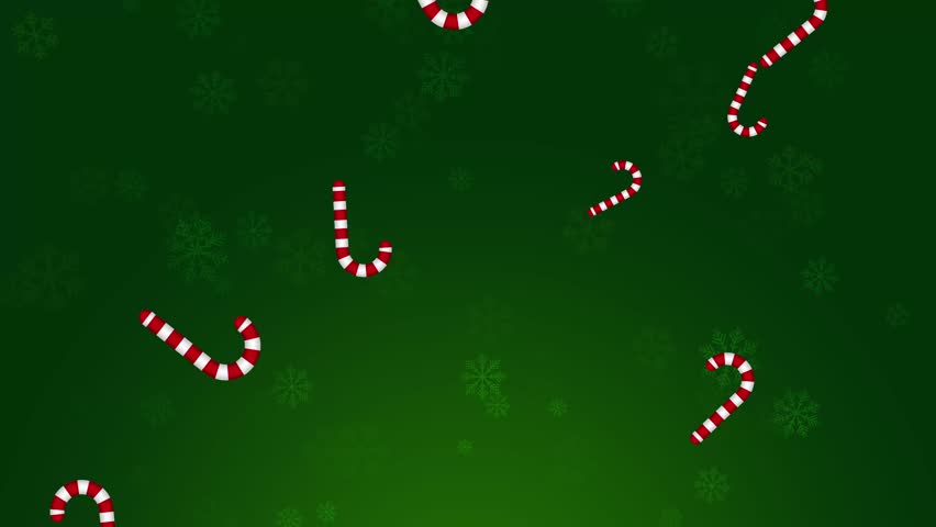 4K Animated Christmas theme background. Green background with falling Christmas Candy Cane and snowflakes. Use as video background and add your custom text, logo, message, image in any video editor