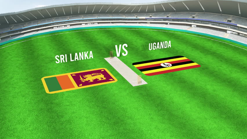 Aerial View of Cricket Stadium with SRI LANKA and UGANDA Flags on Ground