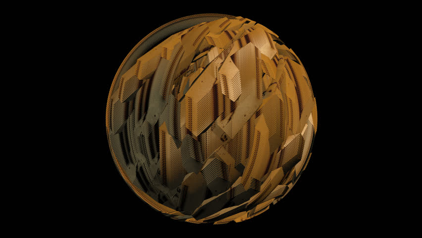 Geometric Bronze Sphere with Abstract Patterns. Futuristic Metallic Orb with Sharp Angles. 3D Textured Sphere in Bronze Tones. Abstract Industrial Ball with Layered Geometric Shapes