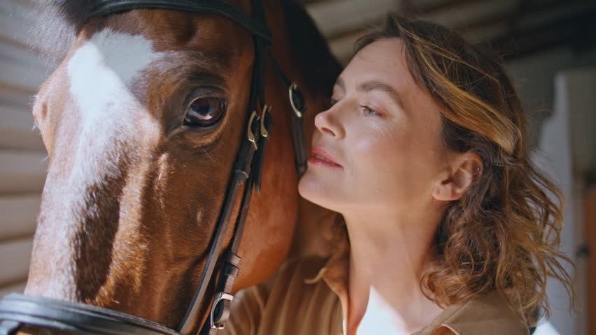 Portrait woman equestrienne horse posing at cozy paddock. Gentle woman touching brown stallion before equestrian training closeup. Happy lady rider expressing love communicating with cute pet at barn