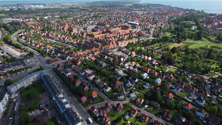 Aerial panorama around the city Østerstrand, Fredericia in Denmark on a sunny day in summer	
