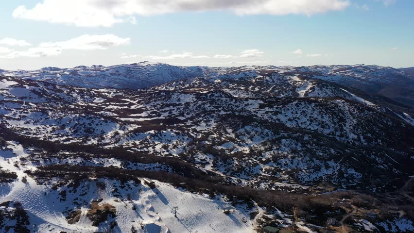 Mt Perisher rocky peak snow covered in Snowy Mountains of Australia aerial 4k.
