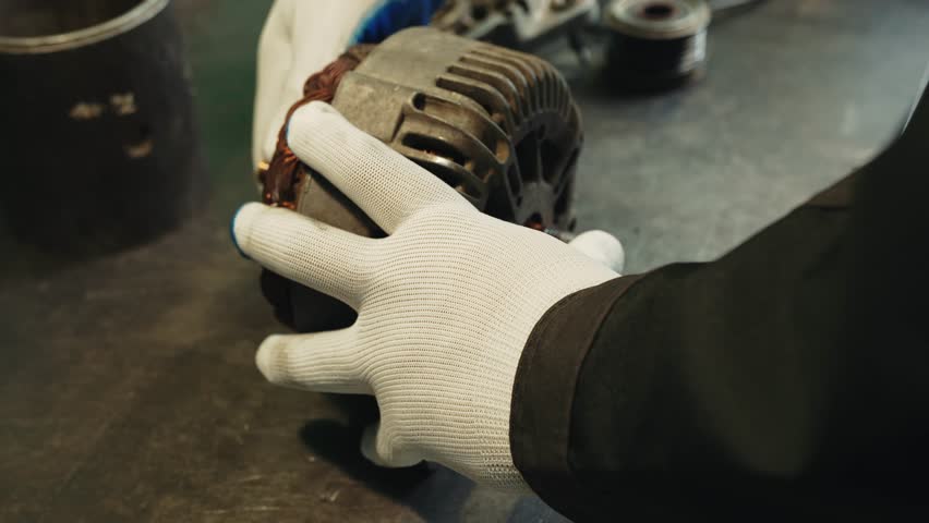 Close-up dismantling of an old faulty car alternator generator in a workshop