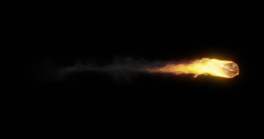 A glowing fireball streaks across a black background, leaving a trail of flames and smoke. The fiery motion is dynamic and intense, ideal for visual effects, sci-fi, or action projects. Seamless loop.