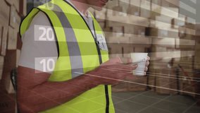 Warehouse worker holding cup with bar graph and arrow animation overlay. Logistics, productivity, growth, statistics, industry, technology - Powered by Shutterstock - Get 15% off with code: PIKWIZARD15