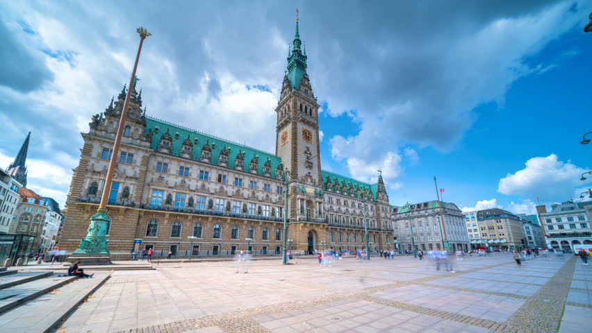 Hamburg town hall main sqaure city time lapse, hyperlapse hamburg town hall, city hall hamburg main sqaure germany city old town in 4K.