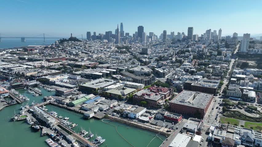 Downtown City At San Francisco California United States. Bustling Downtown Cityscape With Modern Buildings. Metropole Landscape Crowded Awesome. Metropole Flyover Town. San Francisco California.