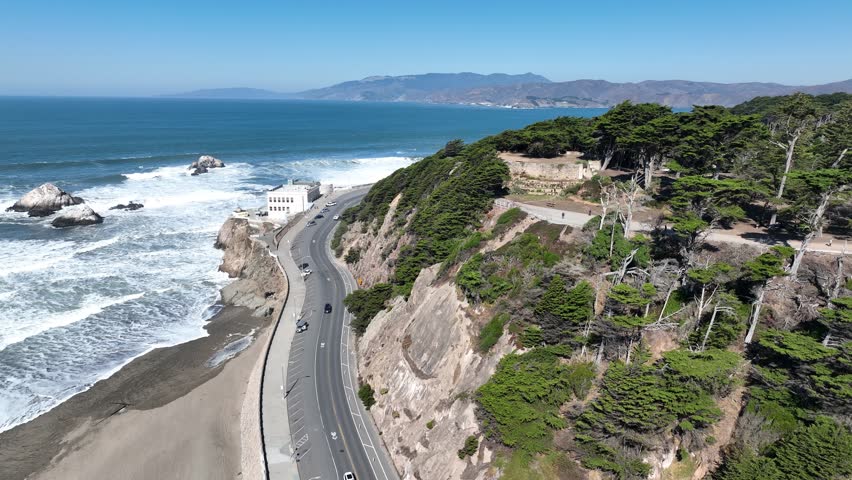 Beach Scene At San Francisco California United States. Breathtaking Aerial View Of A Lush Tropical Coastline Scenery. Island Life Landscape Grateful Beauty. Summertime Grateful Coast.
