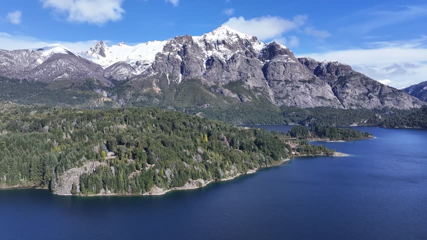 Patagonia Skyline At Bariloche Rio Negro Argentina. Amazing Countryside Scenery Near Farm And Forest Trees. Snowing Day Lake Patagonia Landscape Snow Capped. Patagonia Landscape. Bariloche Rio Negro.
